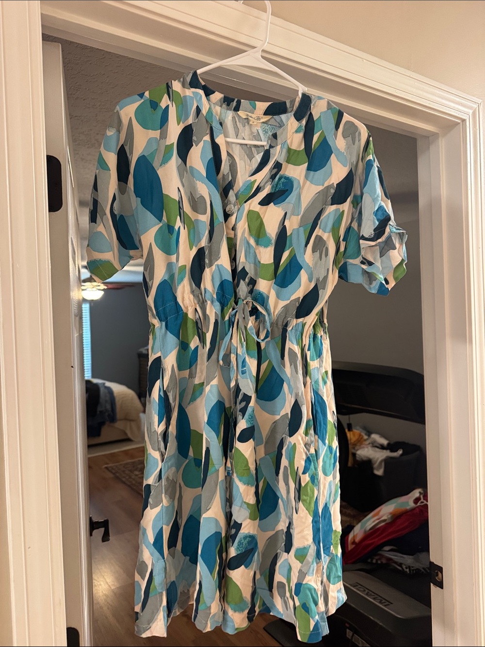 Blue & Green Abstract Tie-Waist Women's Dress